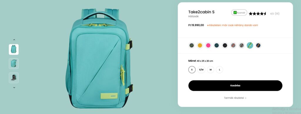 American Tourister Take2Cabin hátizsák türkiz színben, Ryanair méretű kézipoggyászként használható.