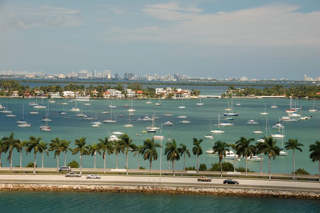 Miami látképe Floridában, pálmafákkal szegélyezett tengerpart, modern felhőkarcolók és kék ég a háttérben