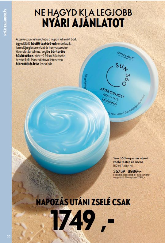 Hűsítő hatású Oriflame napozás utáni zselé, bőrnyugtató ápolás napfény után